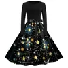 Lässige Kleider Frauen Mode Weihnachtsdruck Kleid Rundhals Langarm Big Swing Hepburn Stil Vintage Elegante Party auf Lager