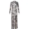 Sukienki swobodne gtpdpllt vintage drukowana seksowna sukienka z siatki jesień patrz przez długi rękaw maxi dla kobiet 2024 streetwear Y2K Ubranie