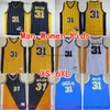 Classique Rétro MitchellNess XS-6XL Basketball Reggie 31 Miller Jersey Classique Vintage Throwback Cousu Jaune Bleu Blanc Rayé Maillots Respirant Chemise De Sport