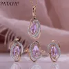 Halsband Pataya Women Ladies 585 Rose Gold Color Light Purple Cubic Zircon White Oval Weaving Ring Earring Pendant Necklace Set New 2023