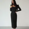 Abiti casual Primavera Elegante Nero Aderente Collo quadrato Partito Donna Autunno Manica lunga Abito Split Solido Abito da sera sexy 2024 Vestido