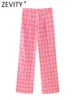 여자 바지 zevity 2024 여성 패션 핑크 격자 무늬 프린트 캐주얼 슬림 한 스트레이트 세련된 지퍼 긴 바지 Mujer P300