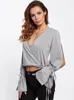 Damen T-Shirts BKMGC Sexy Frauen Bluse Schwarz Grau Tiefer V-Ausschnitt Wrap-Over Cross Design Tops Drawsing Taille Hollow Out Lange Flare Ärmel