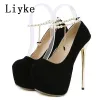 Pumps Liyke New Design String Bead Ankle Strap Platform Pumps Women Classic Black High Heels Fashion Round Toe Pole Dance Shoes Size42