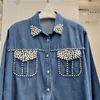 Frauenblusen 2024 Frühling Sommer Korean Polo Kragen Single Breaceed Have Work Diamond Casual Long Sleeve Denim Shirt Frauen LX023