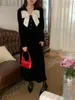 Casual Dresses Alien Kitty Velvet Black Maxi Slim Dress Women Vintage Elegant Spring Party Chic 2024 Full Sleeve Office Lady Bow Sweet
