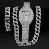 Colliers Hip Hop 15 mm 2pcs Kit montre + collier + bracelet bling cristal aaa + glacée chaîne cubaine chaînes de strass pour femmes bijoux