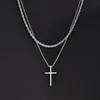 Pendant Necklaces Vnox Mens Cross Necklaces Stainless Steel Layered Plain Cross Pendant Rope Box Chain Necklace Simple Prayer Jesus Collar 240330