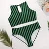 Women's Swimwear Candy Stripes Bikini Swimsuit Sexy Green And Black Line Women Bikinis Set Push Up Graphic Swimsuits High Neck Biquini