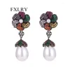 Boucles d'oreilles pendantes FXLRY mode S925 aiguille en argent élégante mosaïque Zircon fleur perle pour femmes bijoux