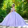 Vestido quinceanera lavanda lilás, ombro de fora, apliques de renda, miçangas, tull mexicano, doce 16, xv, 15 anos, aniversário