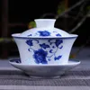 Jingdezhen Ceramic Antique Blue and White Kung Fu Tea Set Three Big Talent Cover Bowl White Porcelain Factory Direct Tea Cup Set