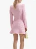 Vestidos casuais mulheres em torno do pescoço rosa tweed mini vestido 2024 primavera babados doce senhoras manga longa xadrez malha robe