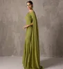 Elegante lange grüne Abendkleider mit asymmetrischem Ausschnitt und Ärmeln aus Krepp im Meerjungfrau-Stil, bodenlang, Ballkleider mit Reißverschluss hinten für Damen