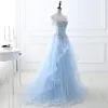 Médecine bleu clair robes de bal longue Sexy chérie Aline Tulle dentelle Applique perlée cristal femmes robe de soirée formelle