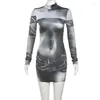 Casual Dresses Summer 3D Print Long Sleeve Sexy Party Club Y2K Mini Dress Outfits For Women Turtleneck BodyCon Short Streetwear 2024