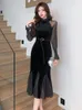 Casual Kleider Schwarz Samt Patchwork Mesh Sheer Sexy frauen Kleid Herbst Winter Elegante Rüschen Meerjungfrau 2024 Koreanische Luxus Party