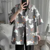 Camicie casual maschile da uomo estate sottile a collo quadrato camicia a mezza manica cartone animato grande top stampato di oversize camicie casual a sfioro 240402