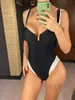 Women's Swimwear Sexy Splicing U Neck Padded Women One Piece Swimsuit Female Monokini High Leg Cut Bather Bathing Suit Swim V4979