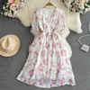 Party Dresses Summer Gentle Wind Retro Chinese Style Bubble Short Sleeve V-Neck spänne A-Line Vestidos Printed Chiffon Dress