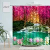 Tende da doccia Foresta Paesaggio Cascata Tenda Finestra Pianta Alberi Rosa Loto Cigno Natura Scenario Tessuto Arredamento bagno Ganci