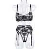 Bras Sets Womens Sexy Sheer Lace Rose Embroidery Lingerie Set Bra Tops Thong Panties Suspender Belt Nightwear Outfit Seductive Underwear