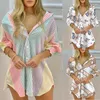 Women's Blouses Spring Summer Printed Long Sleeve Lapel Casual Tee Shirt Femme Ladies Single-breasted Cardigan Irregular Mini Dress