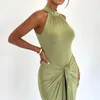 Casual Dresses Y2K Women Twist Front Party Dress Solid Color Mock Neck Sleeveless BodyCon Long Evening Gown Eesthetic Streetwear