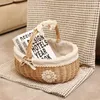 Storage Bags Rattan Picnic Basket Hand Woven Serving With Handle Wicker Tray Fabric Lining Kitchen Bread Fruit Food Snack