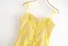 2024 Summer For Love Woman Lemon Sukienka Bodycon seksowna żółta koronkowa Plaid Patchwork Koreańska retro krótka mini plażowa sukienka