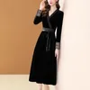 Casual Dresses 2024 High-quality Fashion Black Golden Velvet Dress Women's Autumn Slim V-Neck Elegant Party Ladies Vestidos