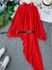 Casual Dresses Women's Dress Chiffon Autumn Lantern Sleeve Stand Collar dragkedja Hög midja oregelbunden med Belt Woman Vestido Kvinna Y092