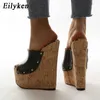 Terlik Eilyken Perçinli Peeping Toe Platform Kama Kaydırıcı Siyah Yaz Ayakkabıları Kadın Seksi Süper Yüksek Topuklu Mule Sandalet Boyut 35-42 J240402