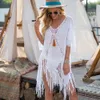 Crochet Bikini التستر بدون تراجع مع شرابات مثيرة Vneck Halter Beach Dress Women Summer Wathing Suity Beachwear 240402