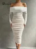 Klänningmecb solid mesh vit midi klädkläder från axel långa ärmar höstklänning backless ruched sexig fest vestido 240319