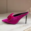 Slippels Grade Retro Style Thin Heel Half Women Suede Bow Decor Stiletto Lady Outer Wear Casual Fashion Single Shoes Mule