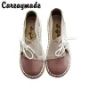 Lägenheter Careaymadehot, hemlagad ny stil Handgjorda äkta läderskor, Retro Art Round Head Soft Bottom Flat Shoes, 3 färger