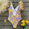 Suits 2024 Leaves Print Shoulder Ruffle One Piece Suits Swimsuit Women Monokini Bodysuit Sexy Beachwear Halter Bathers Bathing Suit