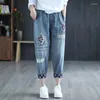 Women's Jeans Spring Summer Literary Retro Spliced Embroidery Cropped Pants Loose Elastic Waist Harlan Denim Female