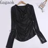 Women's T Shirts Gagaok T-shirts Autumn Sexy Gold Shiny Side Pleats Slim Fit Versatile Long Sleeved T-shirt Top Fashionable Shirt Women