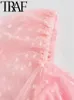 Sukienki swobodne 2024 Spring Women Fashion Pink Polka Dot Mesh Bubble Rękaw warstwowy długa sukienka Slim Midi