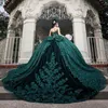 Черновато-зеленый бисер с кристаллами и бантом Quinceanera Платье Бальное платье с открытыми плечами Аппликации Тюль Корсет Vestidos De Quinceanera