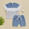 Комплекты одежды Fhutpw для маленьких мальчиков, летняя одежда, вязаная в рубчик футболка с короткими рукавами в стиле пэчворк, топы, шорты с карманами, комплект одежды для малышей