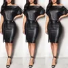 Basic Casual Dresses Black Asymmetrical Y Faux Leather Bodycon Dress Women Summer Long Sleeve Knee Length Pencil Drop Delivery Apparel Dhcgz