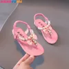 Summer Girls Shoes Bead Flats Fling Princess Baby Dance Sandals الأطفال الزفاف الوردي 240329