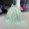 Elegante cintas de espaguete querida vestido de baile quinceanera vestidos beading pérolas 3d apliques rendas baile de formatura festa de aniversário pageant vestido com envoltório