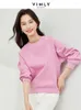 Sweats à capuche pour femmes Vimly Printemps Rose Sweatshirts Femmes 2024 Mode Casual Top Col Rond Coton Mélange Broderie À Manches Longues Femme Pull