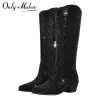 Slippers Onlymaker Women Black Knee High Boots Western Cowboy Boots Wide Calf Pointed Toe Block Heel Pullon Cowgirl Handgemaakte laarzen