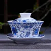 Jingdezhen Ceramic Antique Blue and White Kung Fu Tea Set Three Big Talent Cover Bowl White Porcelain Factory Direct Tea Cup Set