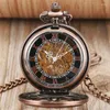 Pocket Watches Red Copper Hollow Out Pumpkin Mens Womens Auto Mechanical Roman Number Dial Pendant Chain Skeleton Clock Gift